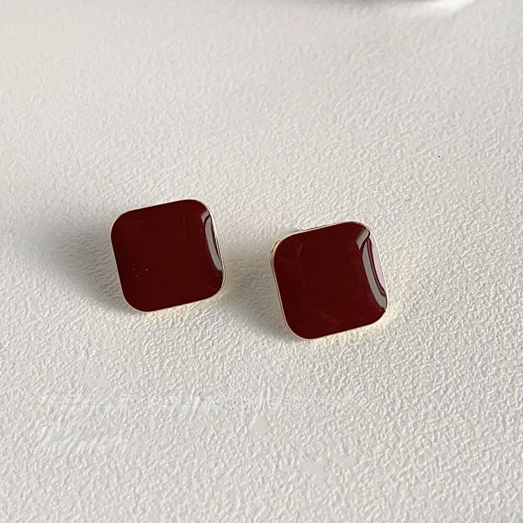 14K Plated Square Burgundy Enamel Stud Earrings Copper Vintage Minimalist