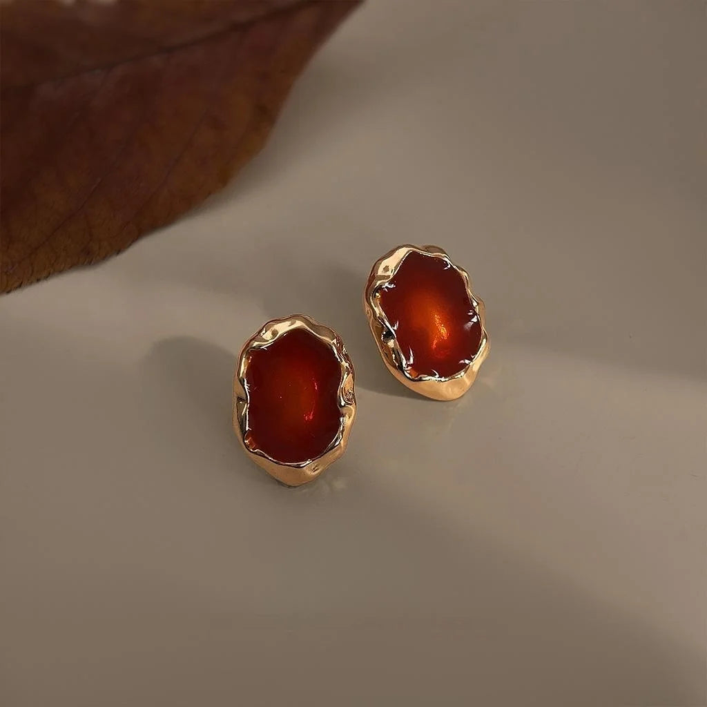 French Vintage Geometric Oval Amber Enamel Copper Stud Earrings With 14K Plated