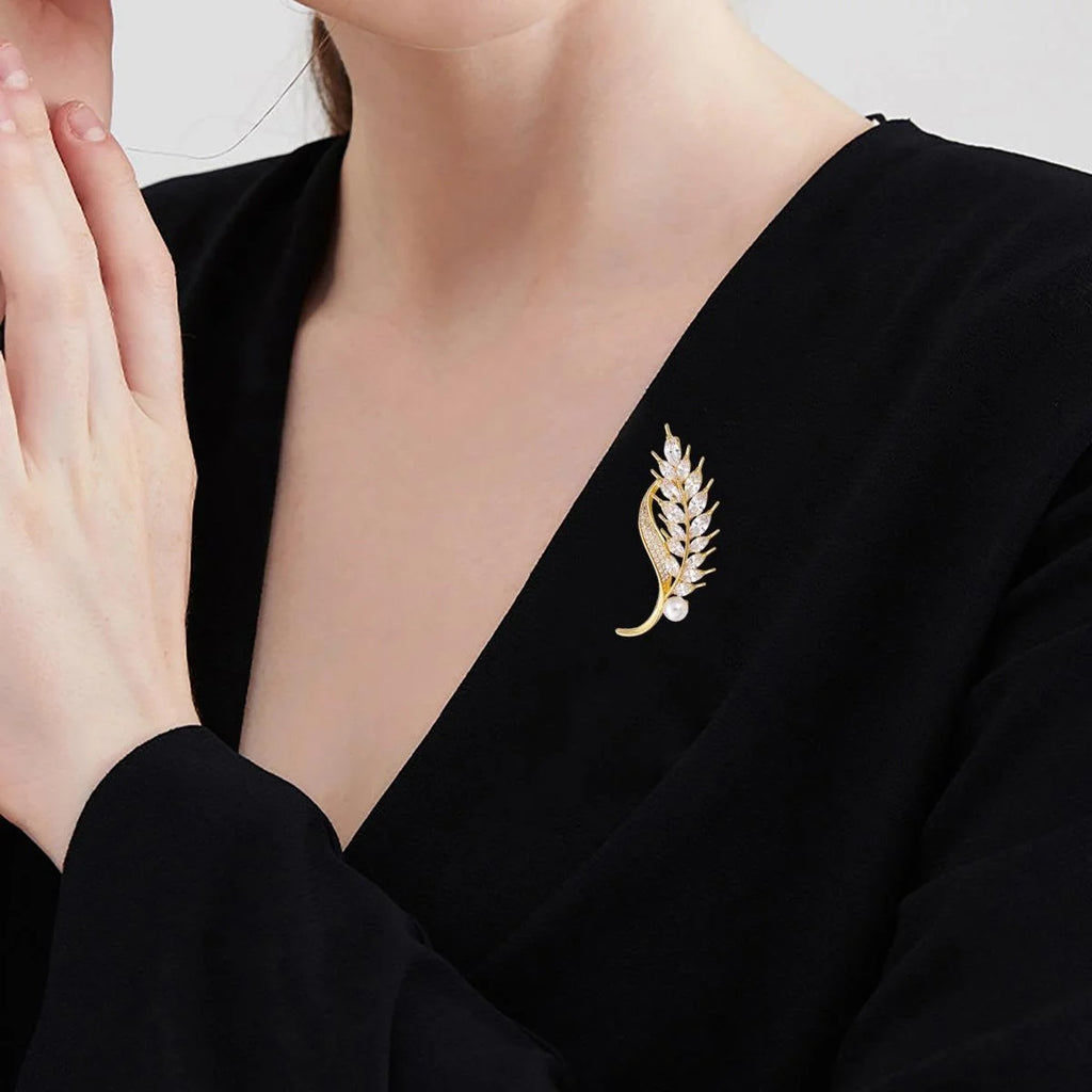 Luxury Wheat Stalk Brooch With Marquise Zircon Rhinestones And Pearl, Elegant Lapel Pin Suit Accessory Gift