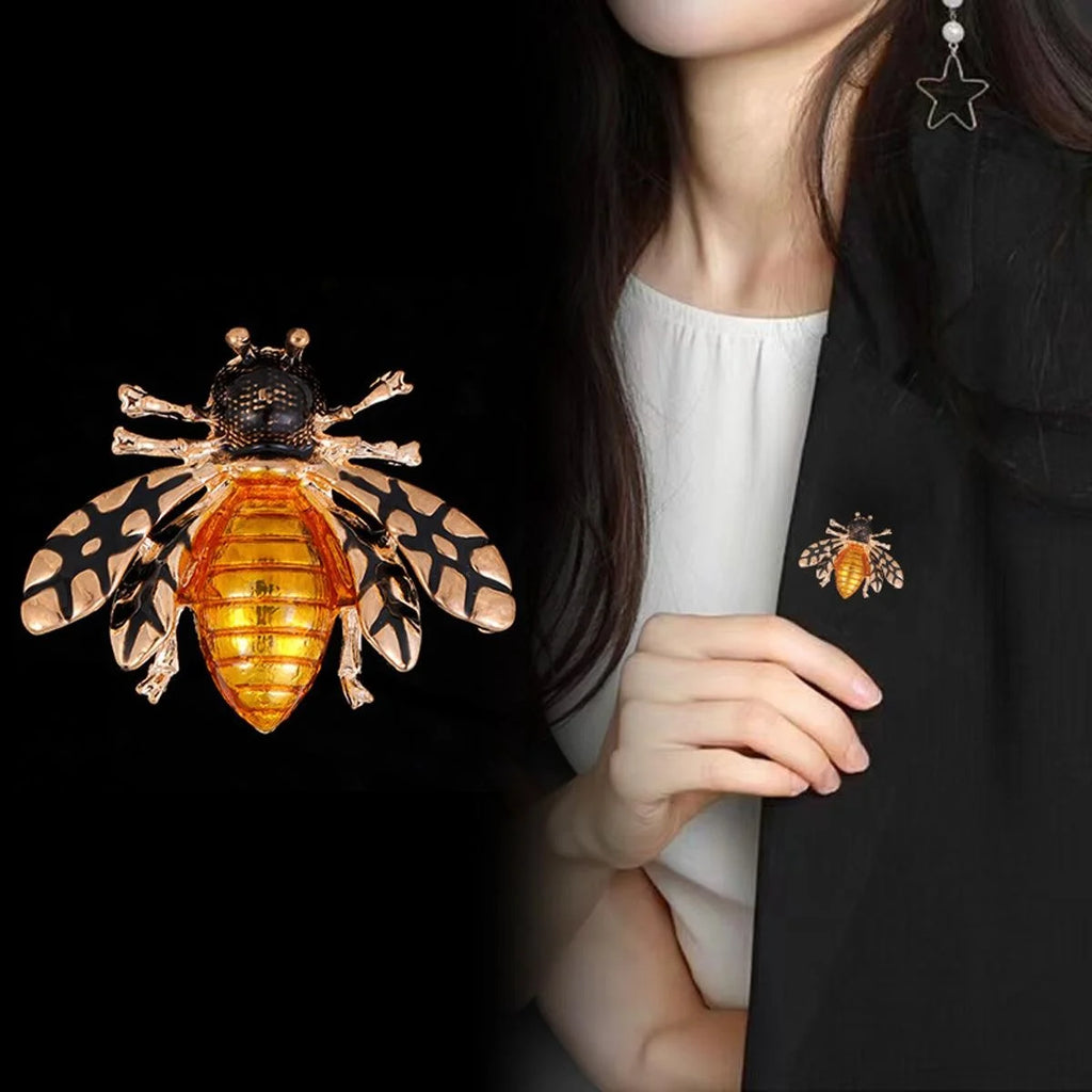 Elegant Enamel Honey Bee Brooch With Amber Wings, Luxury Insect Lapel Pin Corsage Suit Accessory Gift