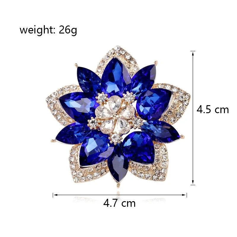 Elegant Blue Glass Crystal Flower Brooch With Rhinestone Petals, Luxury Lapel Pin Corsage For Suits