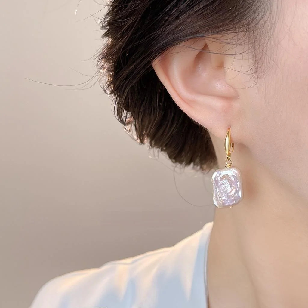 Irregular Baroque Freshwater Pearl Geometric Square Drop Earrings Light Luxury Old Money Style
