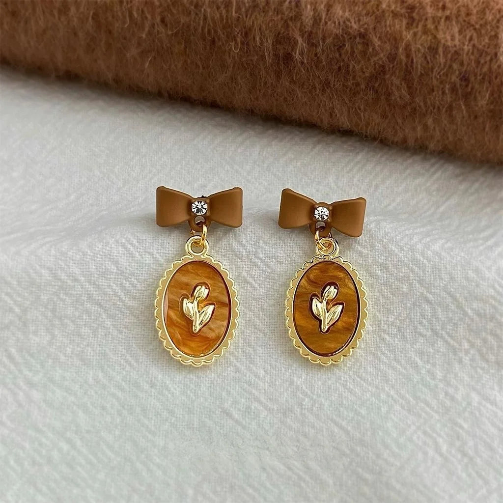 High End Maillard Brown Bow Tassel Drop Earrings With Rhinestone Resin Lacquer