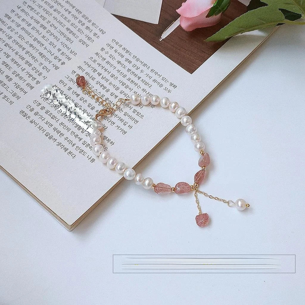 Real Gold Plated Freshwater Pearl Strawberry Quartz Korean Geometric Ring Bracelet