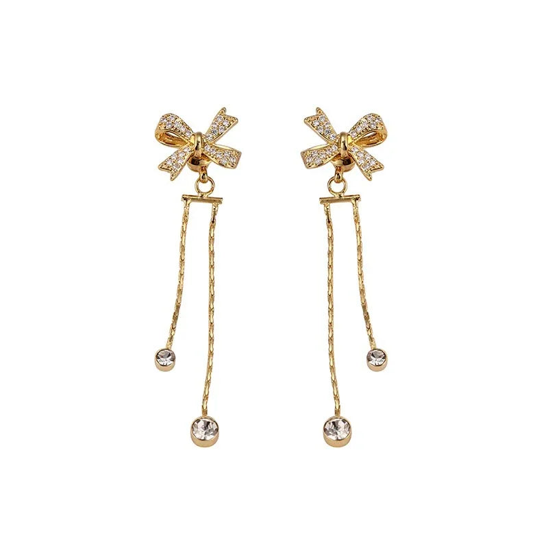 Elegant Zircon Bow Tassel Chain Stud & Clip On No Piercing Luxury Gold Alloy Drop Earrings