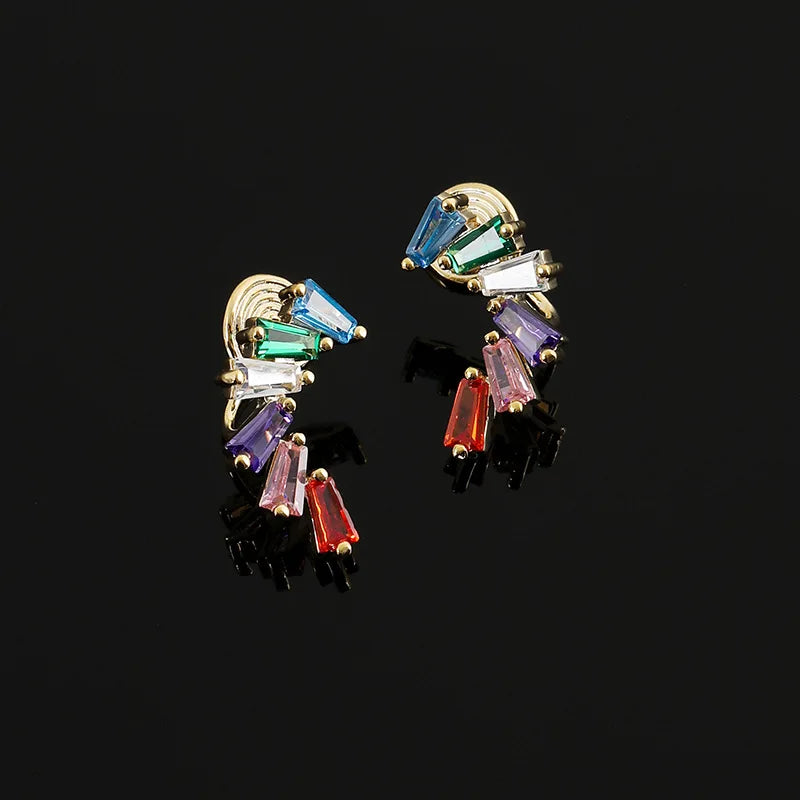 Elegant Geometric Rainbow Baguette Zircon Ear Crawler Stud & Clip On No Piercing Colorful Alloy Earrings