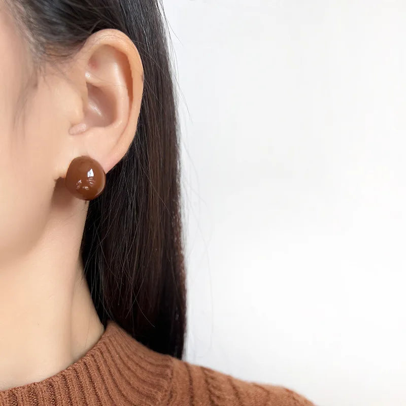 Vintage Maillard Brown Glossy Enamel Ball Spiral Alloy Stud & Clip On No Piercing Women's Earrings