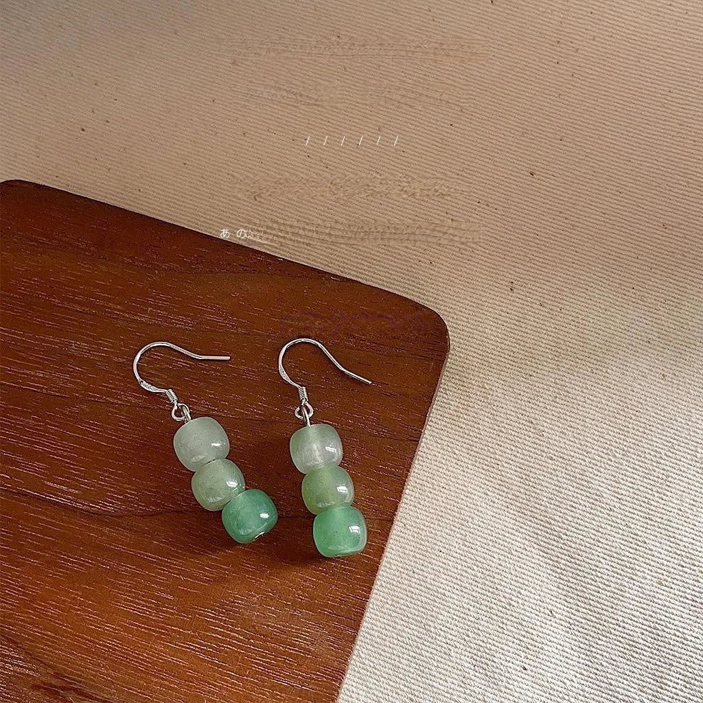 New Chinese Green Natural Stone Beaded Long Stud Earrings Geometric Round Minimalist Jewelry