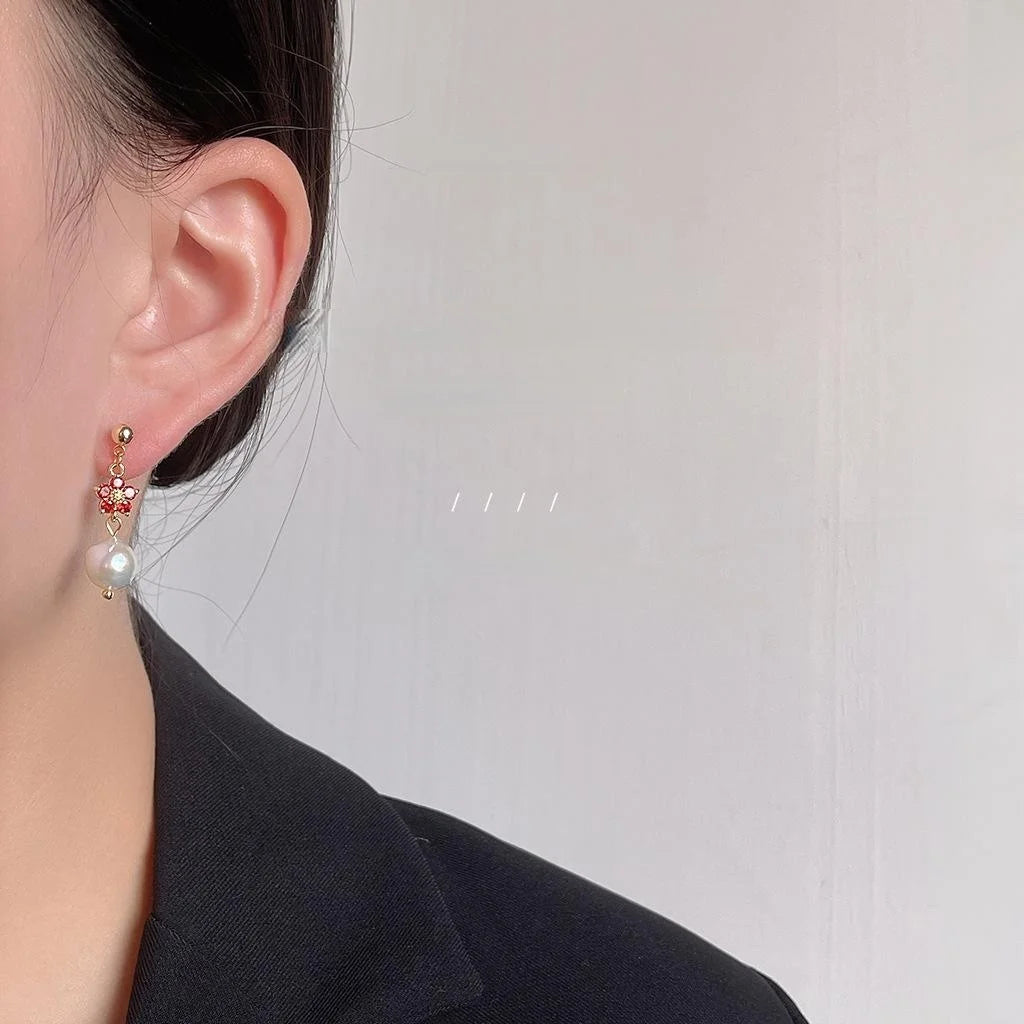 French Vintage Baroque Freshwater Pearl Flower Zircon Stud Earrings For Women