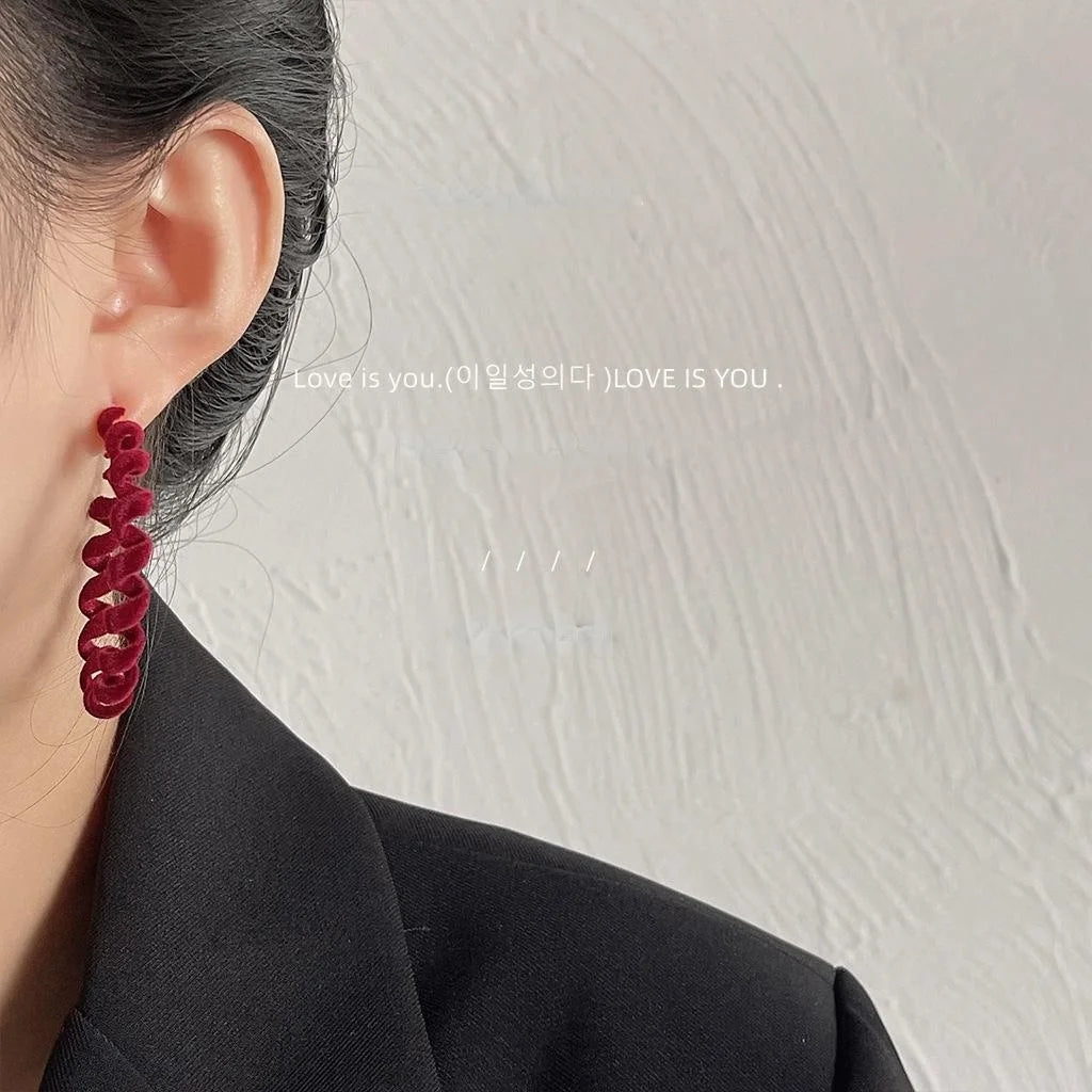 Burgundy Flocked Metal Hoop Earrings With Silver Plated Posts, Winter Geometric Coil Style