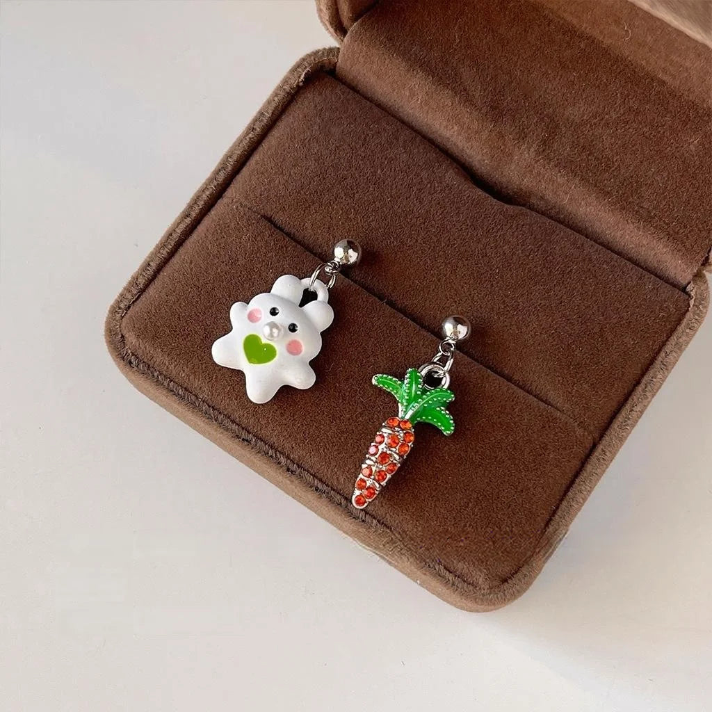 Cute Rabbit Carrot Asymmetric Stud Earrings Silver Plated Copper Cartoon Fresh Style Jewelry