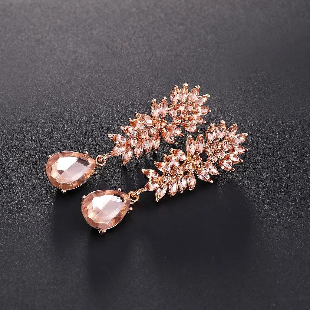 Vintage Rose Pink Crystal Rhinestone Flower Teardrop Dangle Earrings, Alloy Luxury Bridal Wedding Party Gift