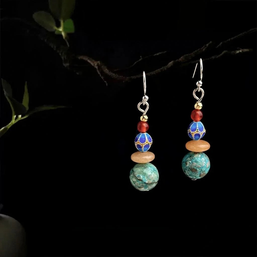 Vintage Ethnic Handmade Enamel Drop Earrings With Red Agate Hubei Turquoise And Chalcedony