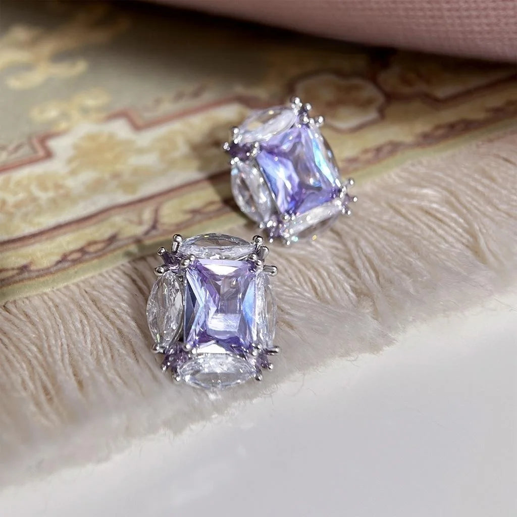 Lavender Purple Zircon Inlaid Geometric Round Oval Copper Stud Earrings Light Luxury Jewelry