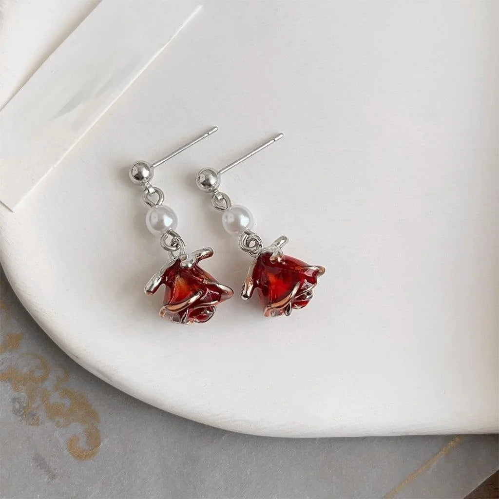 French Vintage Enamel Rose Flower Copper Drop Earrings