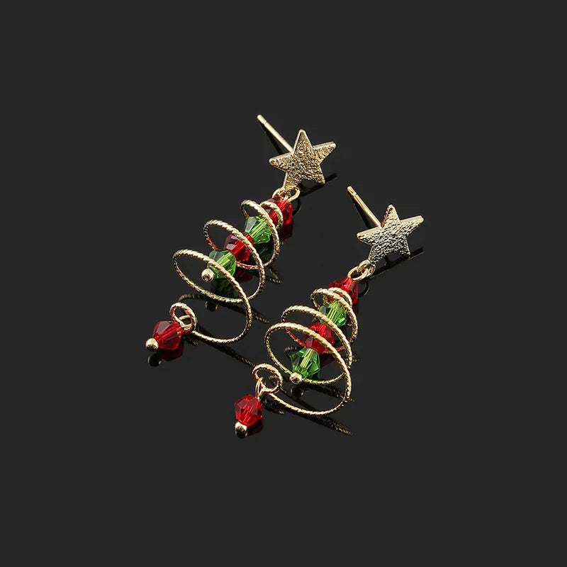 Elegant Handmade Christmas Tree Star Alloy Crystal Bead Stud & Clip On No Piercing Holiday Earrings