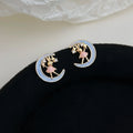 14K Plated Copper Moon Rabbit Stud Earrings With Micro Pave Zircon Hand Painted Fairy Style
