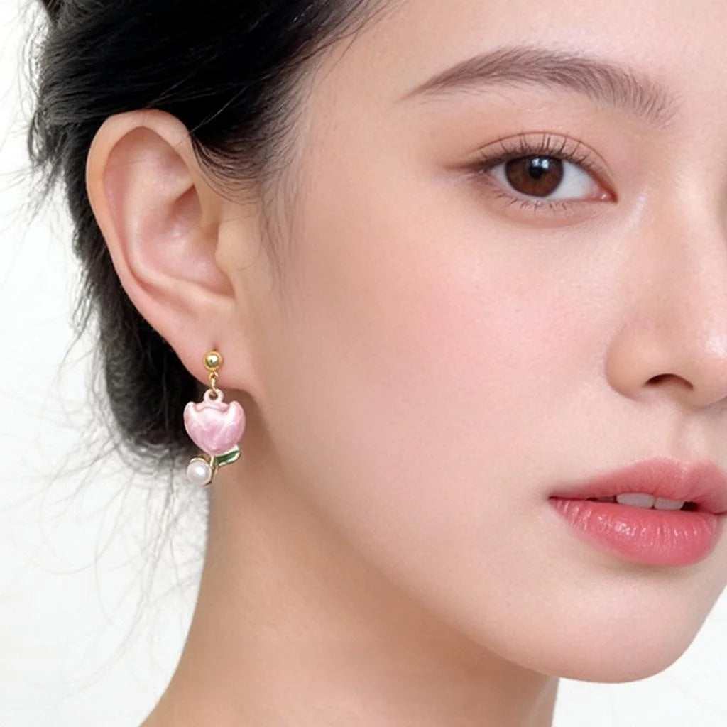 Hand Painted Enamel Tulip Stud Earrings Eco-Friendly Copper Alloy Fresh Floral Jewelry