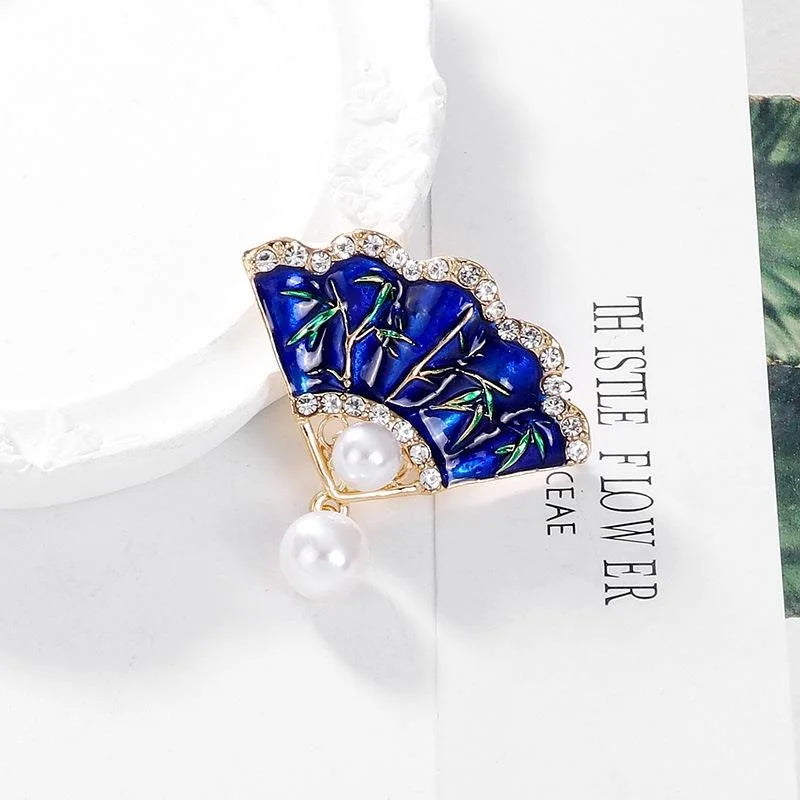 Vintage Chinese Fan Brooch With Blue Enamel Bamboo Rhinestones Pearl Drop, Elegant Lapel Pin Gift