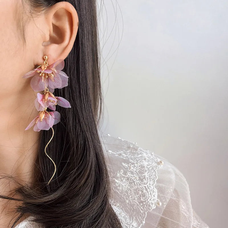 Elegant Pink Flower Alloy Tassel Stud & Clip On No Piercing Luxury Fairy Statement Drop Earrings