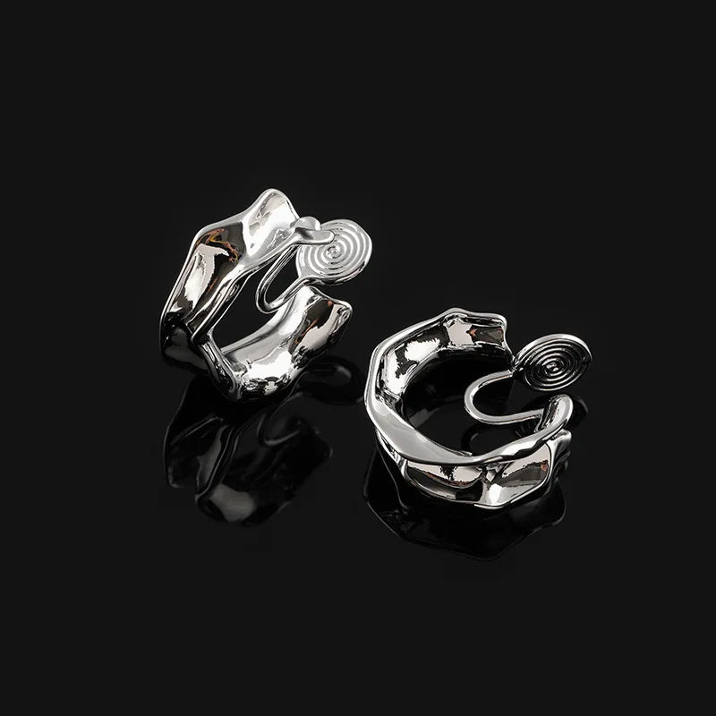 Irregular Crumpled Silver Alloy Hoop With Spiral Disc Stud & Clip On No Piercing Earrings