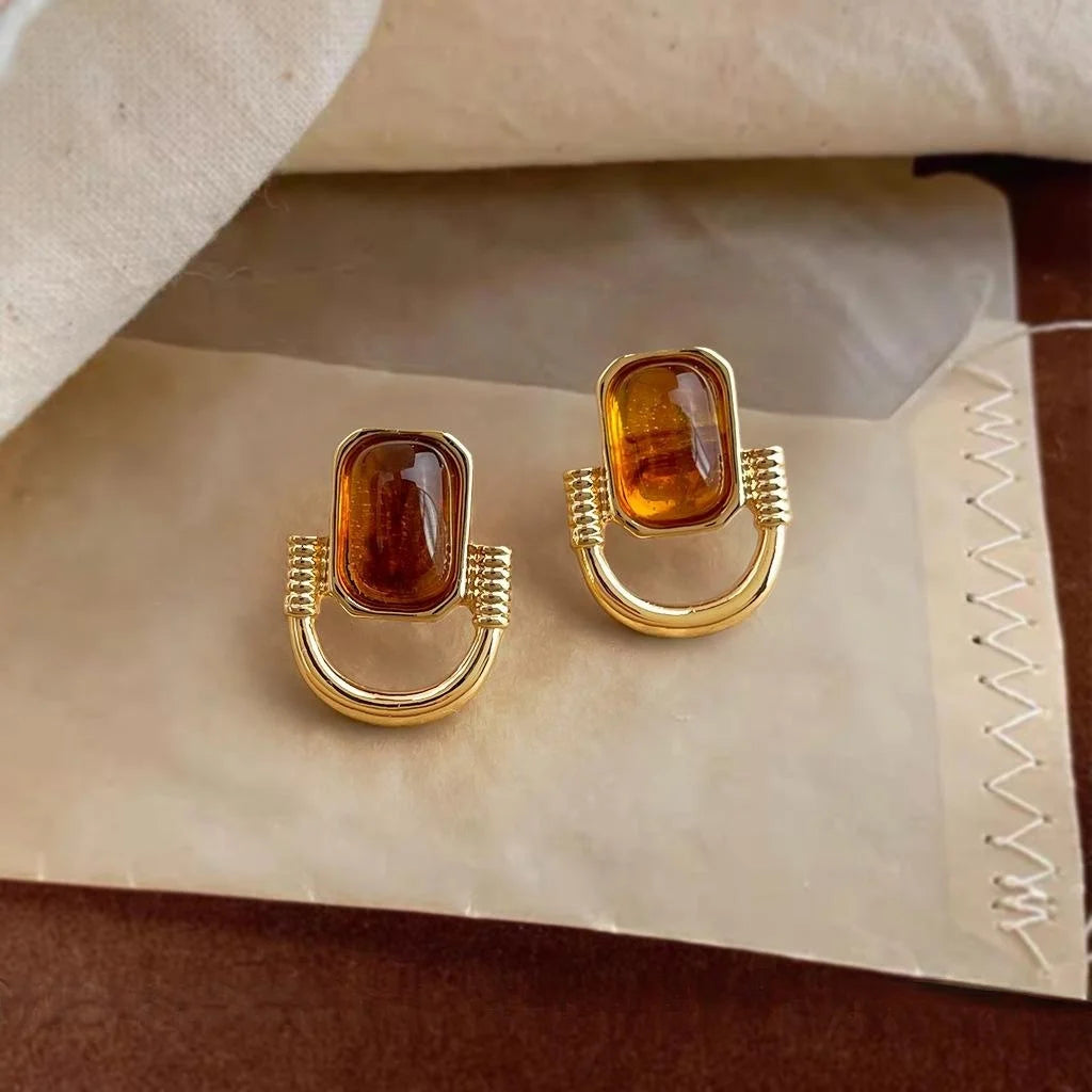 2025 Maillard Style Geometric Quadrilateral Copper Resin Drop Earrings