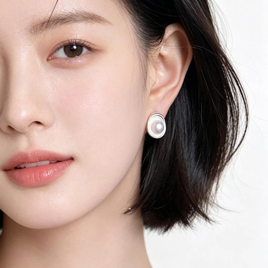 Light Luxury Geometric Pearl Stud Earrings For Women, Copper Round Oval Elegant Jewelry