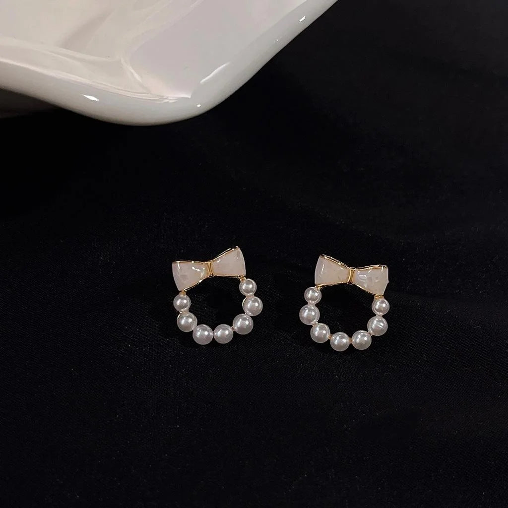 Cute 14K Plated Copper Enamel Bow Pearl Stud Earrings