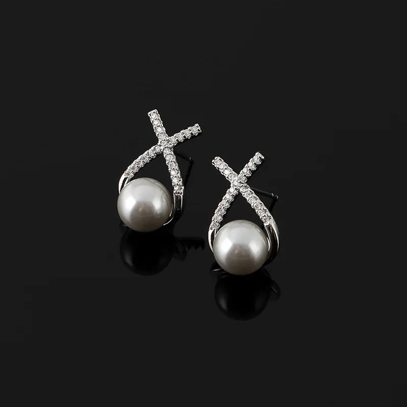 Elegant Cross Rhinestone Grey Pearl Spiral Stud & Clip On No Piercing Women's Fashion Earrings