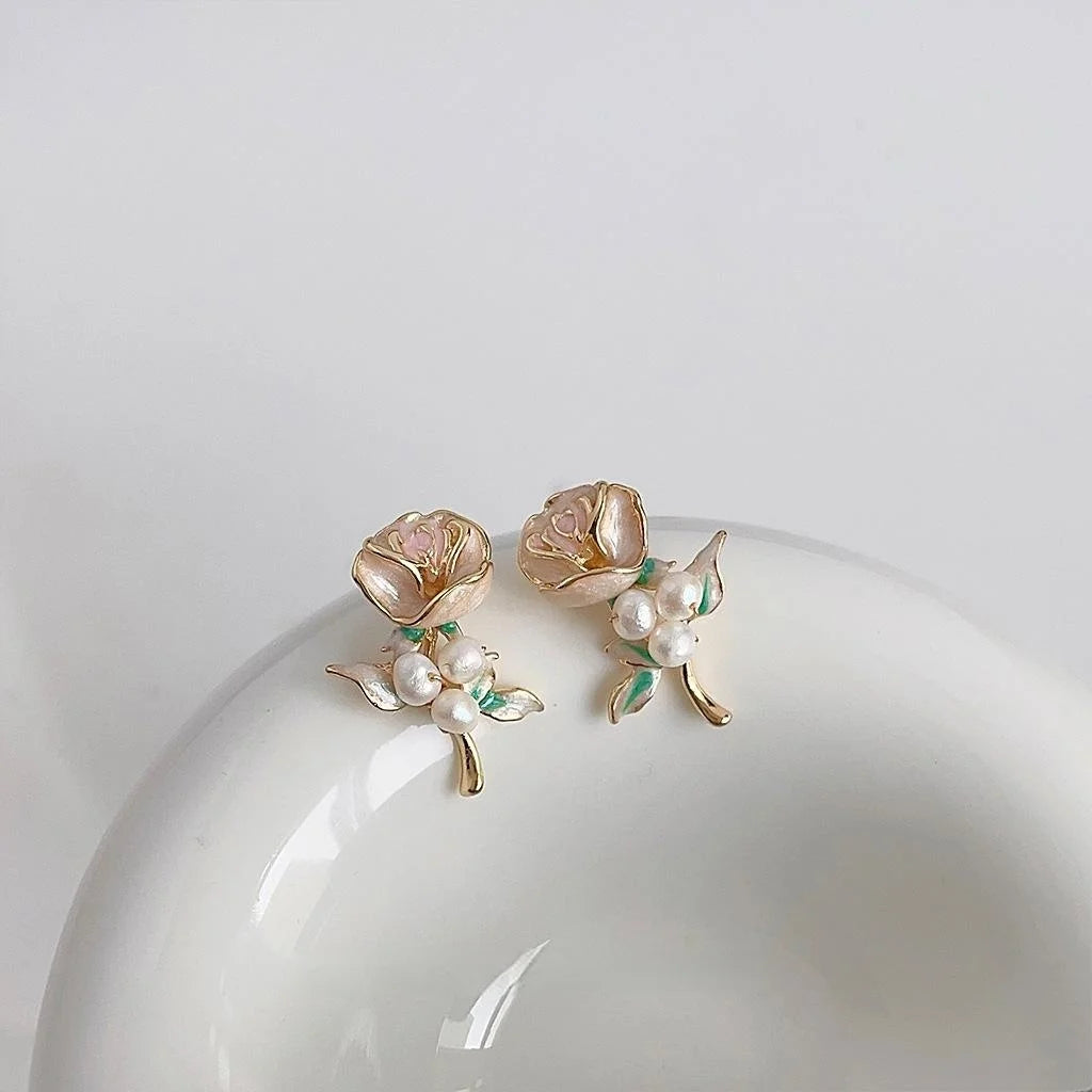 Handmade Forest Style Freshwater Pearl Rose Flower 14K Plated Copper Stud Earrings For Women