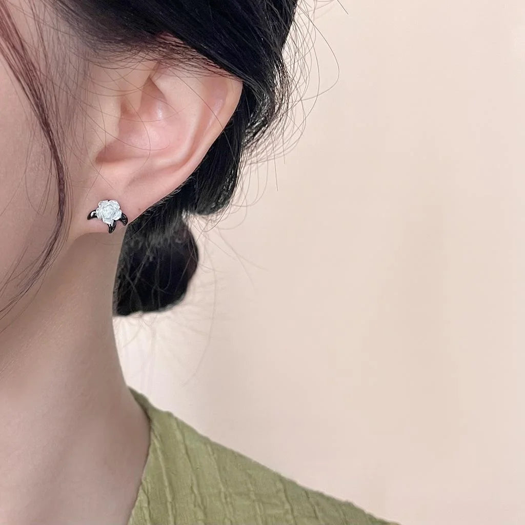 Designer Asymmetric Rose And Thorn Copper Resin Stud Earrings, Sweet Cool Floral Niche Jewelry