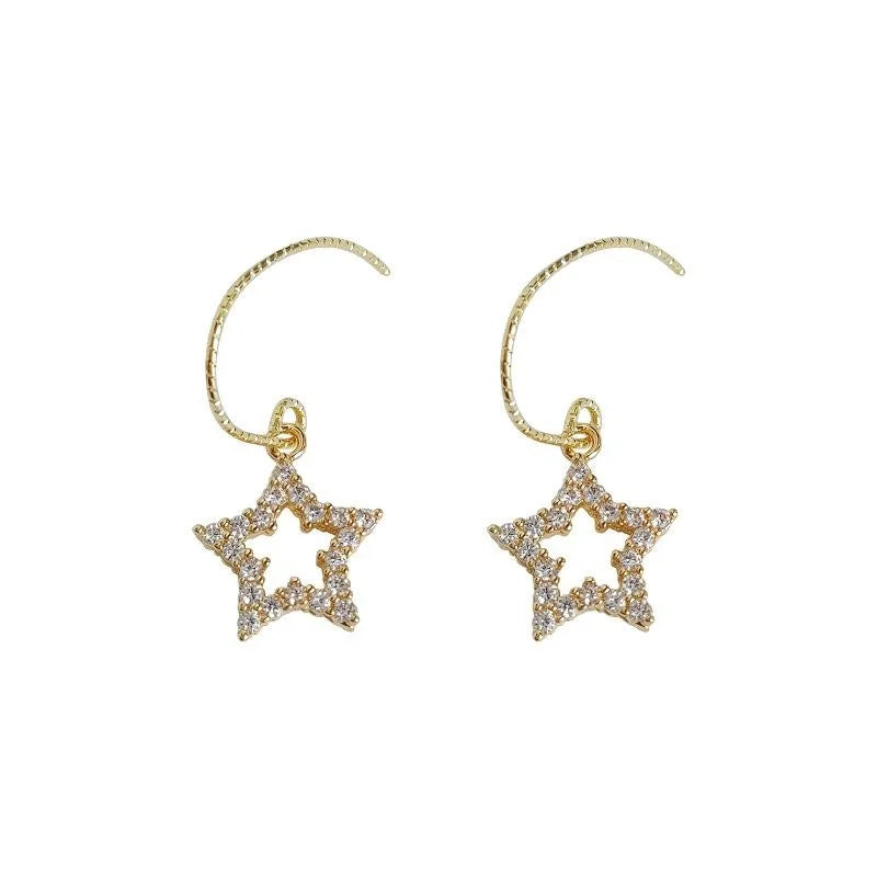 14K Gold Plated Copper Micro Pave Zircon Five Point Star Drop Earrings French Vintage Jewelry