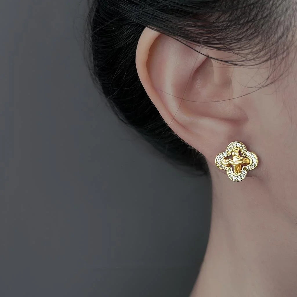 Luxury Micro Pave Zircon Copper Stud Earrings With Silver Plated Pins, Geometric Floral Petal Design