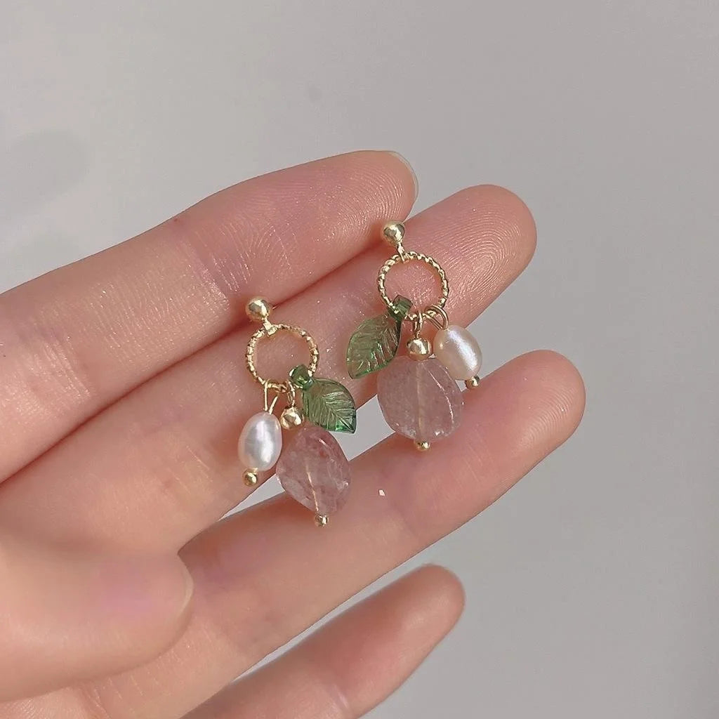 14K Gold Plated Copper Freshwater Pearl Strawberry Quartz Vintage Geometric Stud Earrings