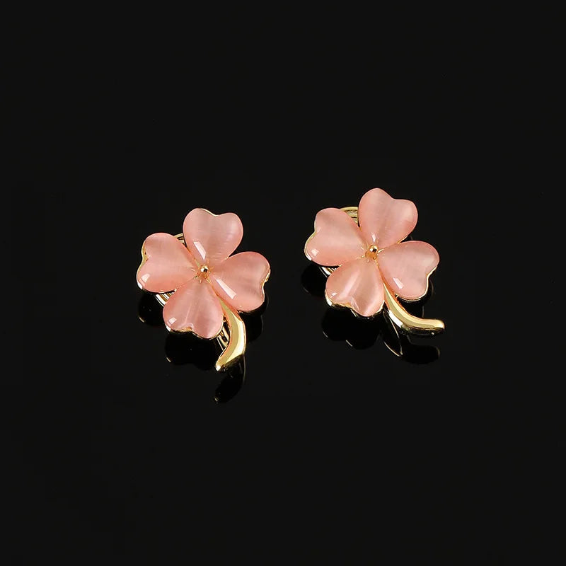 Elegant Pink Cat Eye Clover Alloy Stud & Clip On No Piercing Lucky Four Leaf Flower Earrings