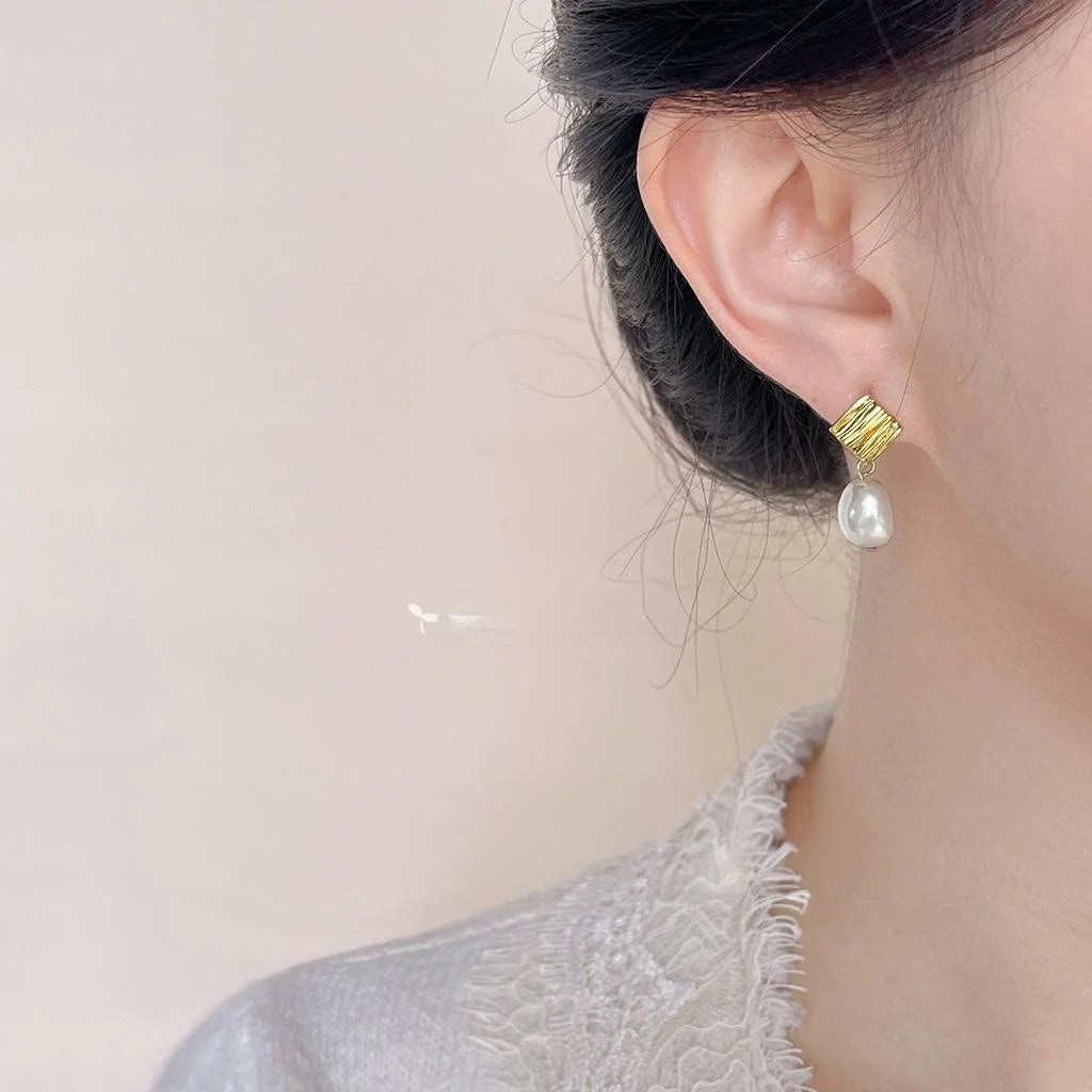 14K Gold Plated Copper Baroque Freshwater Pearl Geometric Drop Earrings Handmade Wrinkle Design