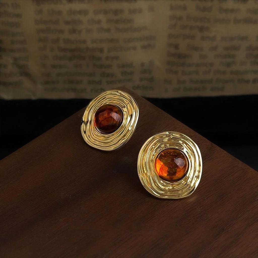 Maillard Style Round Geometric Textured Copper Stud Earrings