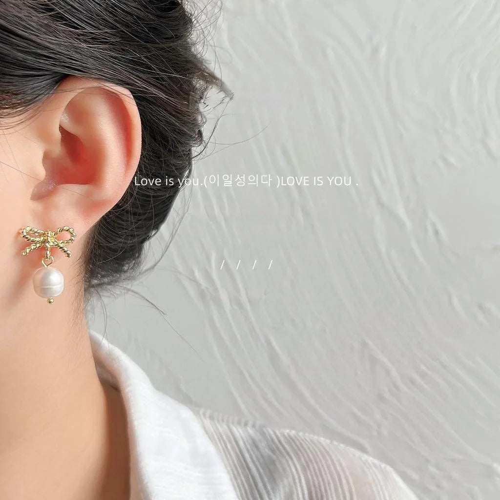 Freshwater Pearl 14K Plated Bowknot Stud Earrings Sweet Handmade Jewelry