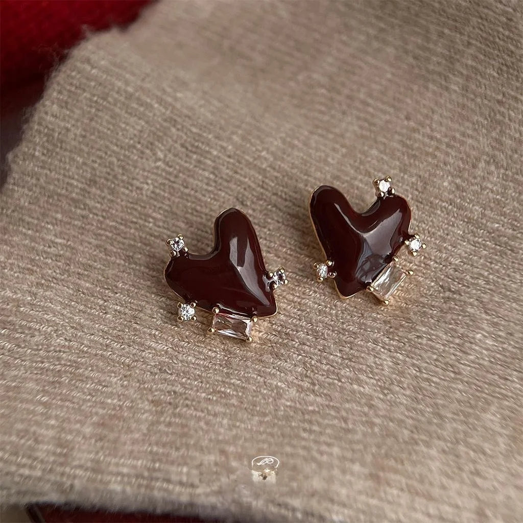 French Vintage Burgundy Heart Stud Earrings With Micro Pave Zircon Copper