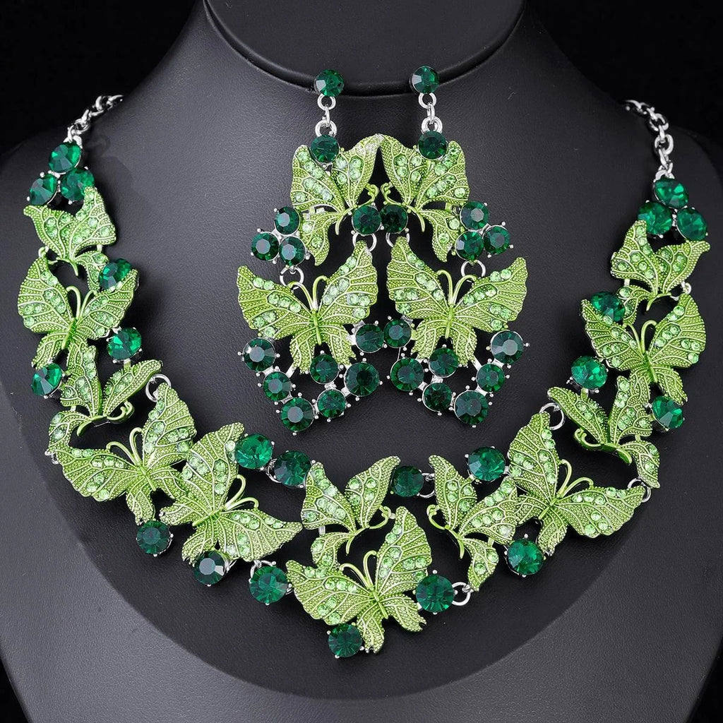 Luxury Rhinestone Butterfly Earrings And Necklace Jewelry Set For Women, Alloy Crystal Bridal Banquet Party Jewelry