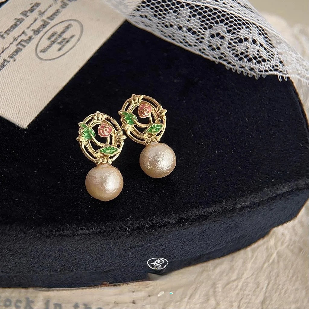 Hand Painted Floral Enamel Copper Drop Earrings With Cotton Pearls For Women