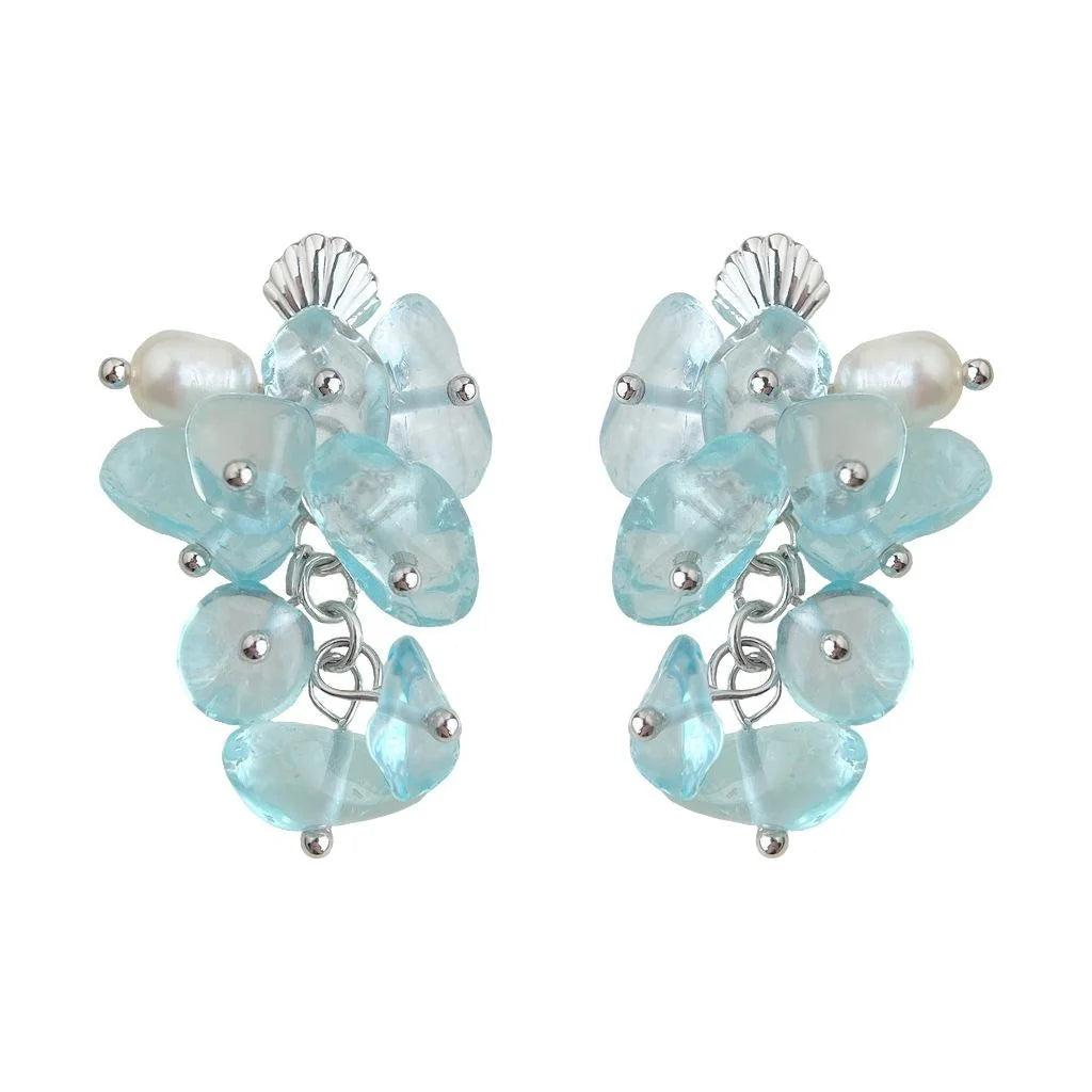 Sweet Beach Style Sea Blue Glass Crystal Freshwater Pearl Shell Tassel Drop Earrings