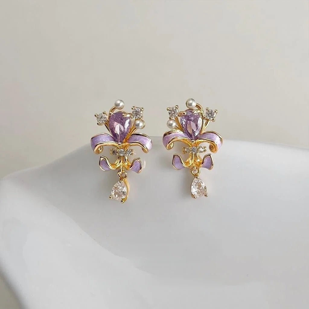 Enamel Painted Iris Flower Zircon Copper Stud Earrings, Forest Style