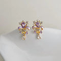 Enamel Painted Iris Flower Zircon Copper Stud Earrings, Forest Style