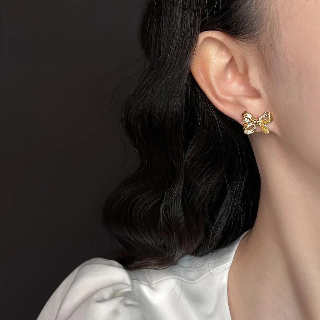 Light Luxury Copper Bow Knot Ribbon Micro Pave Zircon Silver Plated Stud Earrings