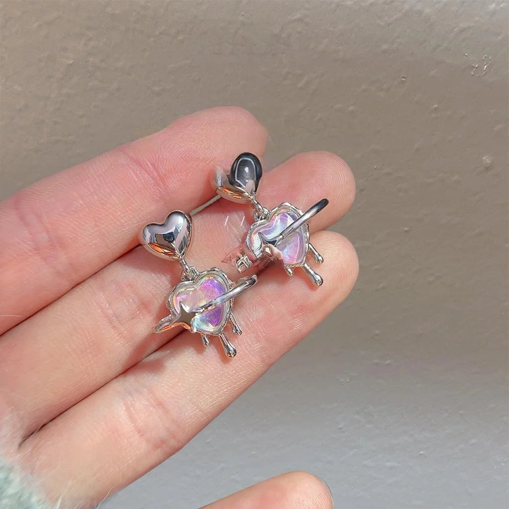 Sweet Cool Copper Liquid Heart Planet Drop Earrings Colorful Niche Fashion Heart Jewelry