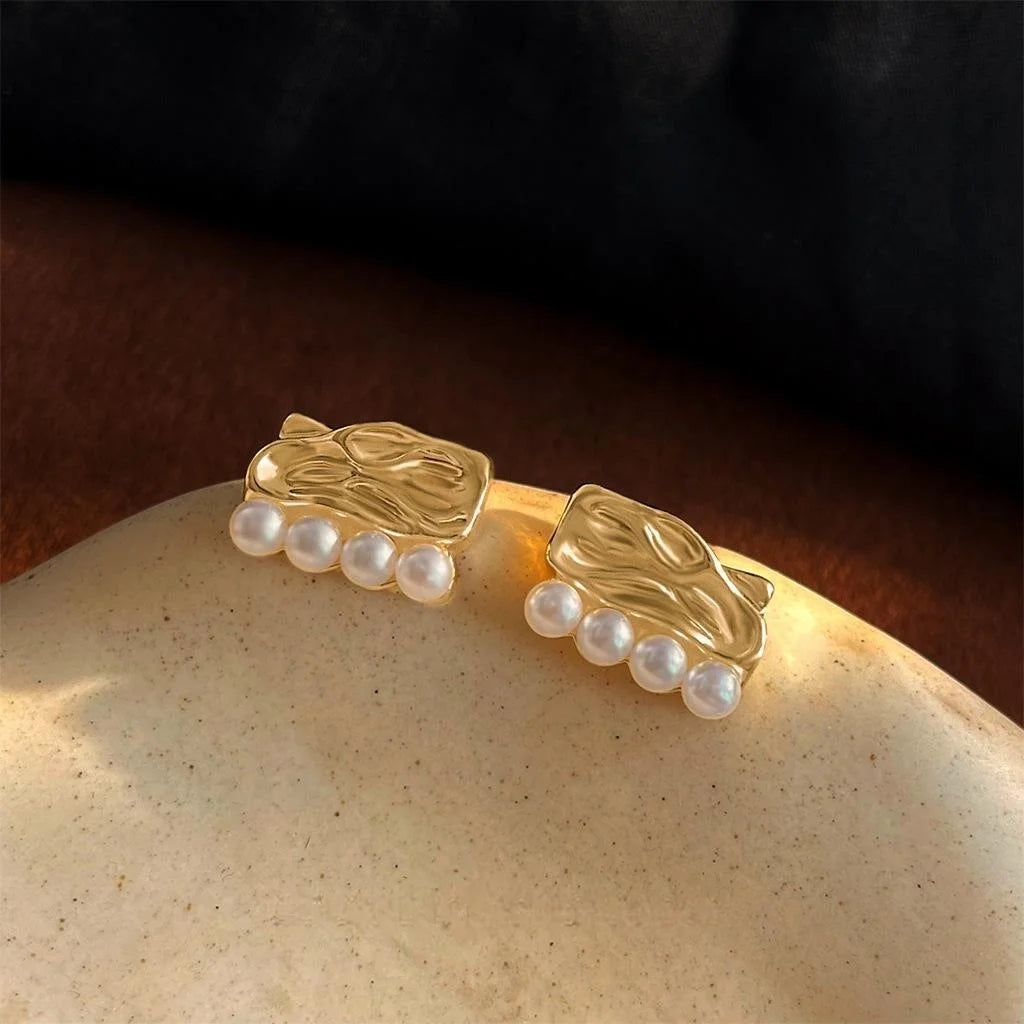 French Vintage Textured Copper Pearl Stud Earrings, Liquid Geometric Round Square Design