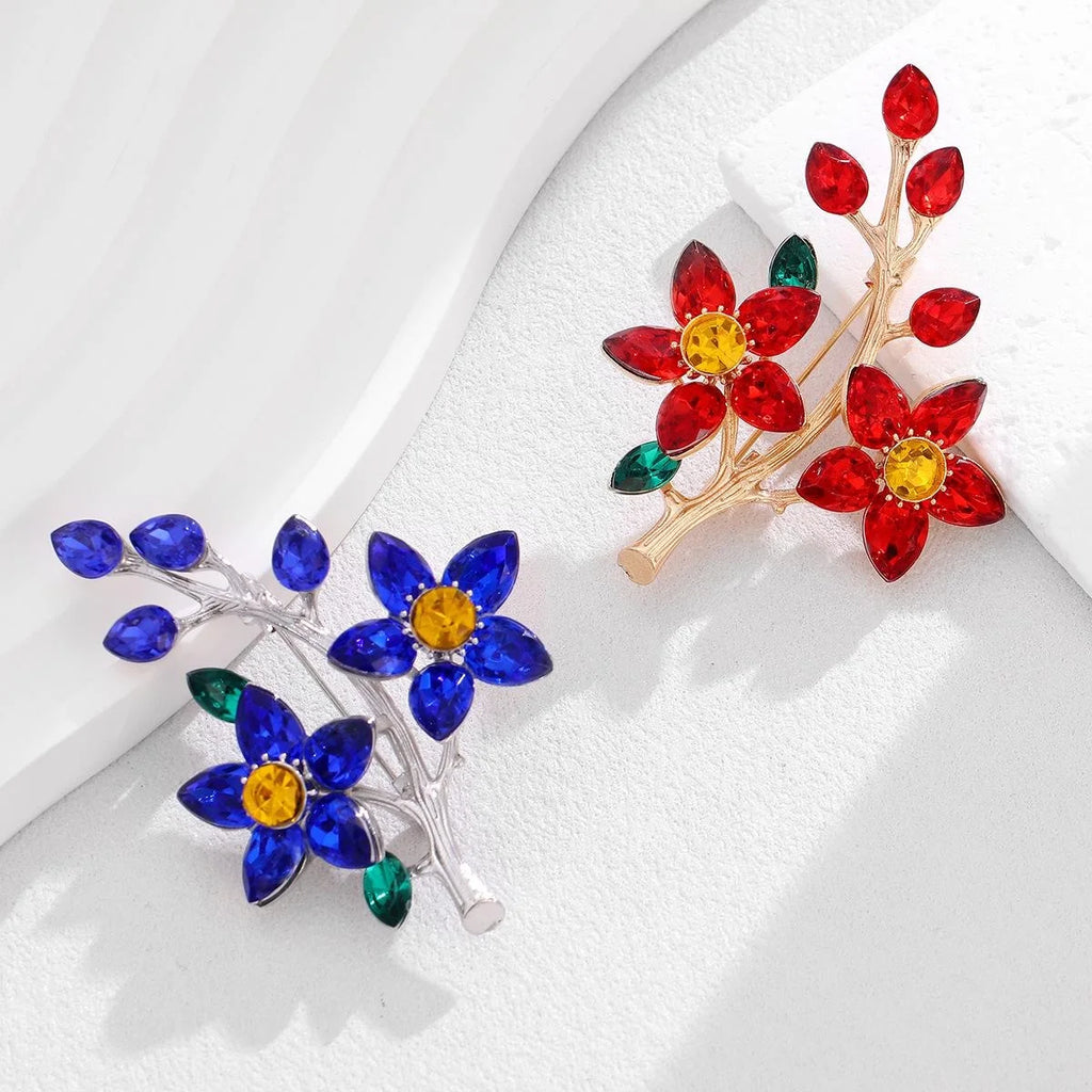 Elegant Red Crystal Flower Branch Brooch Gold Alloy Rhinestone Floral Lapel Pin Corsage Gift For Women