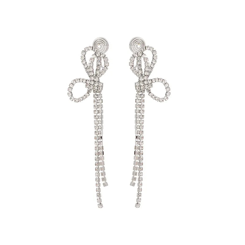 Luxury Rhinestone Bow Long Tassel Stud & Clip On No Piercing Elegant Fairy Drop Earrings