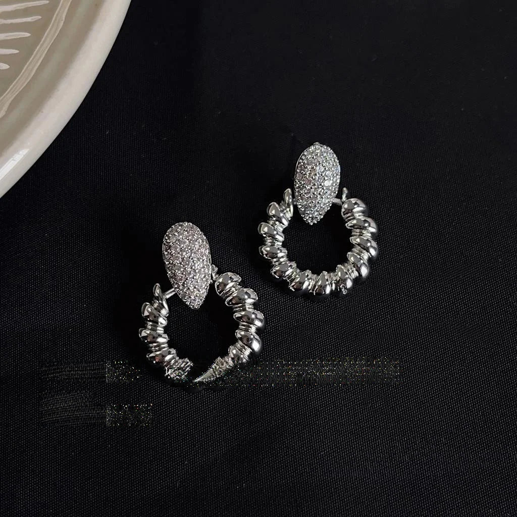 Silver Plated Metal Micro Pave Zircon Round Geometric Stud Earrings High-End Minimalist Style
